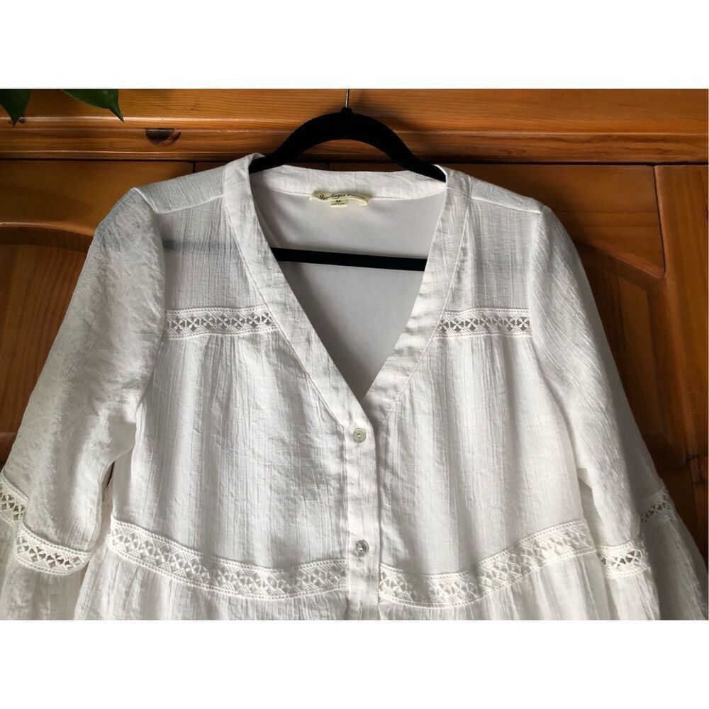 indigo Rose White Boho Tiered Dress Lace Button Front Size M - Picture 6 of 13